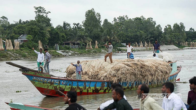 Jute is brought by river for sale at Dighirpar Market in Munshiganj.  Photo: Shamsul Haque Ripon
