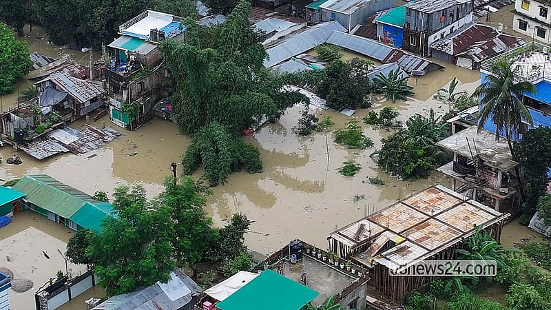 Floodwaters stretch as far as the eye can see across Bandarban in this drone image captured on Saturday, Jul 11, 2026. Photo: Syed Amir Hosain Masum