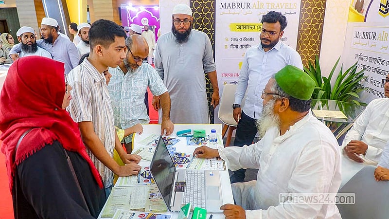 Visitors browse different stalls at the Hajj and Umrah Fair at the Bangladesh-China Friendship Conference Centre in Dhaka’s Agargaon.  Photo: Abdullah Al Momin
