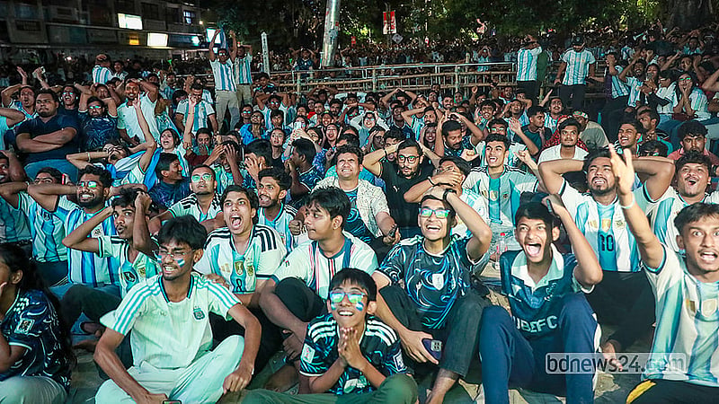 Supporters gather at the Payra Chattar of Dhaka University's Teacher-Student Centre (TSC) on Saturday, Jul 4, 2026, to watch the World Cup football match on the big screen. Photo: Shamsul Haque Ripon