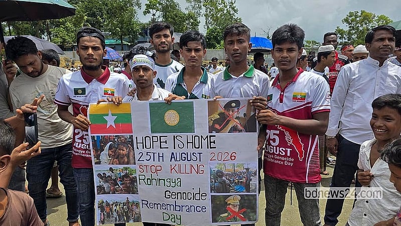 Rohingya refugees hold banners with different demands, including an end to the genocide in Rakhine State, at a rally at the Kutupalong refugee camp in Ukhiya, Cox’s Bazar, on Tuesday, Aug 25, 2026, to mark “Rohingya Genocide Day”. Photo: Jashim Mahmud