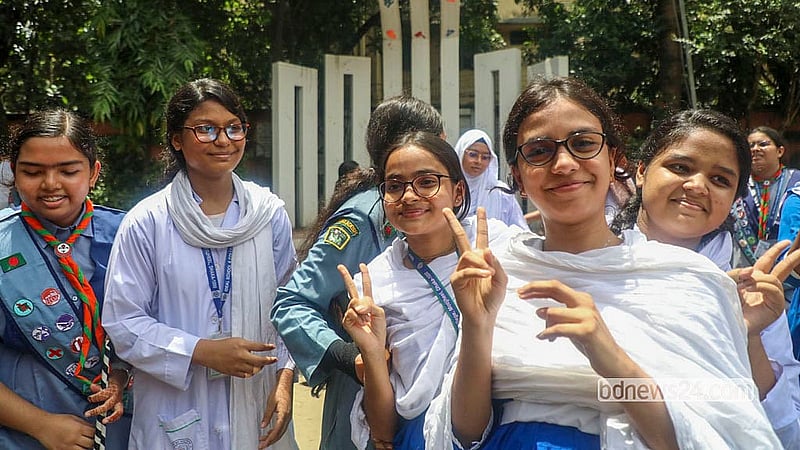 Students of Motijheel Ideal School and College throw up joyful victory signs after passing their SSC exams. Photo: Abdullah Al Momin