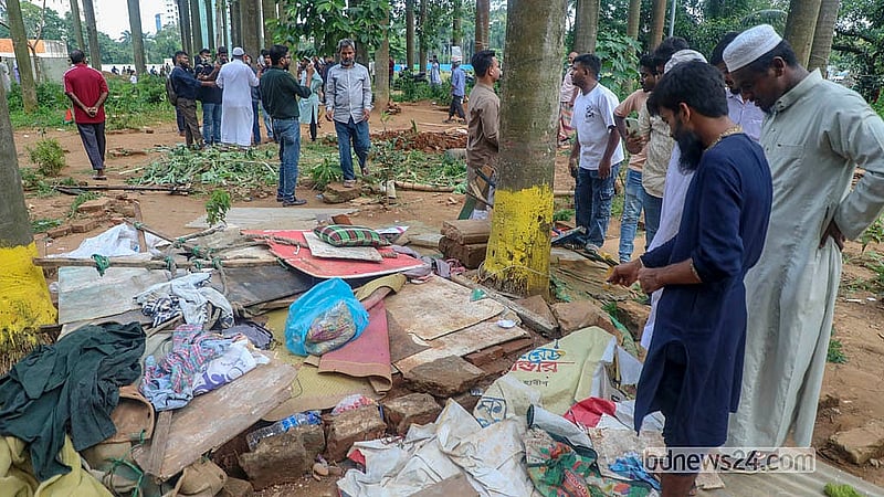 The residence of a vagrant named Rajib Shah next to a makeshift prayer site built in Suhrawardy Udyan has been demolished in a drive on Sunday, Jun 26, 2026.  Photo: Abdullah Al Momin