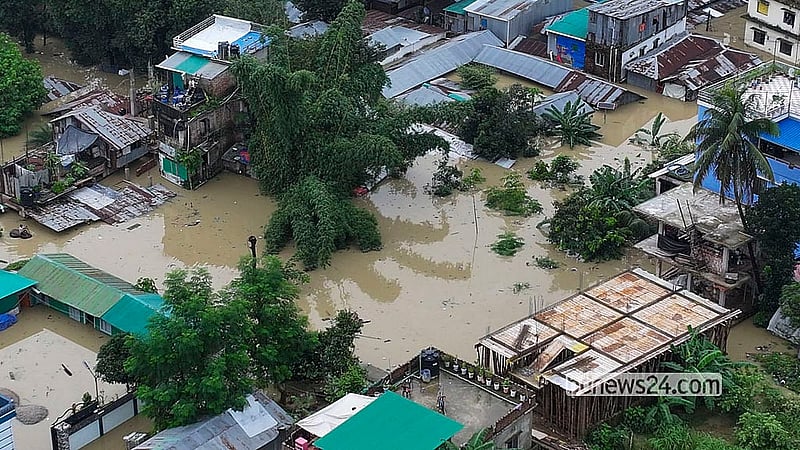 Bandarban city lies submerged in floodwaters in this drone image captured on Saturday, Jul 11, 2026. Photo: Syed Amir Hosain Masum