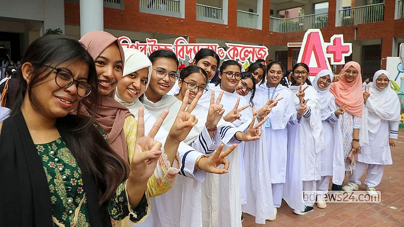 Students of at Manipur High School throw up joyful victory signs after passing their SSC exams.