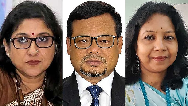 Suspended Dhaka University teachers Prof Sadeka Halim (left), Prof Md Shafiqul Islam (centre) and Afroza Shelley (right)