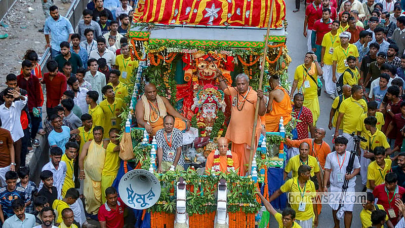 According to Sanatani religious leaders, the Rath Yatra is observed in accordance with tradition to commemorate the journey of Jagannath, his brother Balaram and their sister Subhadra. Balaram's chariot leads the procession, followed by Subhadra's in the middle. Photo: Abdullah Al Momin