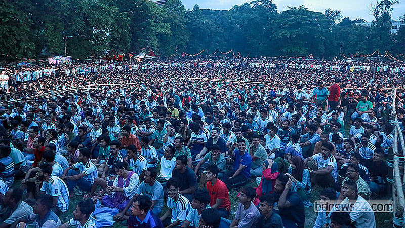 Thousands gather at the Mohsin Hall grounds of Dhaka University to watch the Argentina-Cape Verde game on the big screen on Saturday, Jul 4, 2026.  Photo: Shamsul Haque Ripon