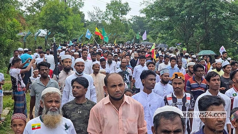 Rohingya refugees hold a rally at the Kutupalong refugee camp in Ukhiya, Cox’s Bazar, on Tuesday, Aug 25, 2026, to mark “Rohingya Genocide Day”. Photo: Jashim Mahmud