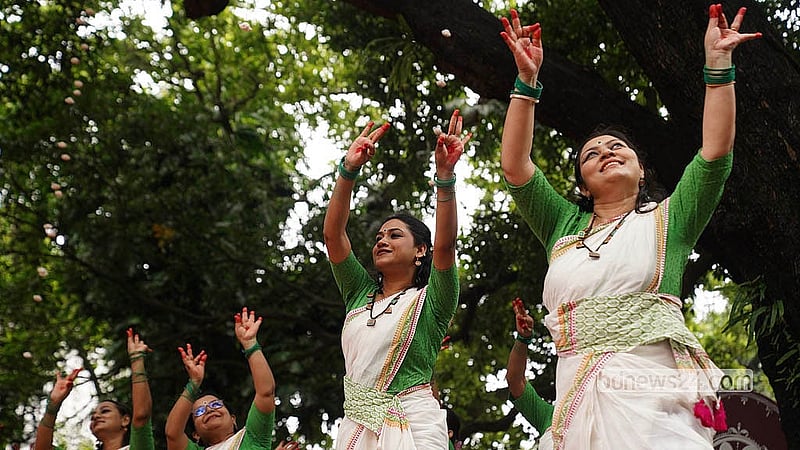 Dancers in vibrant costumes welcome the rain-soaked month of Ashar with graceful group performances at “Ghanaghata 2” in Bakultala at Dhaka University’s Faculty of Fine Arts, captivating the audience on Friday, Jul 17, 2026. Photo: Shamsul Haque Ripon