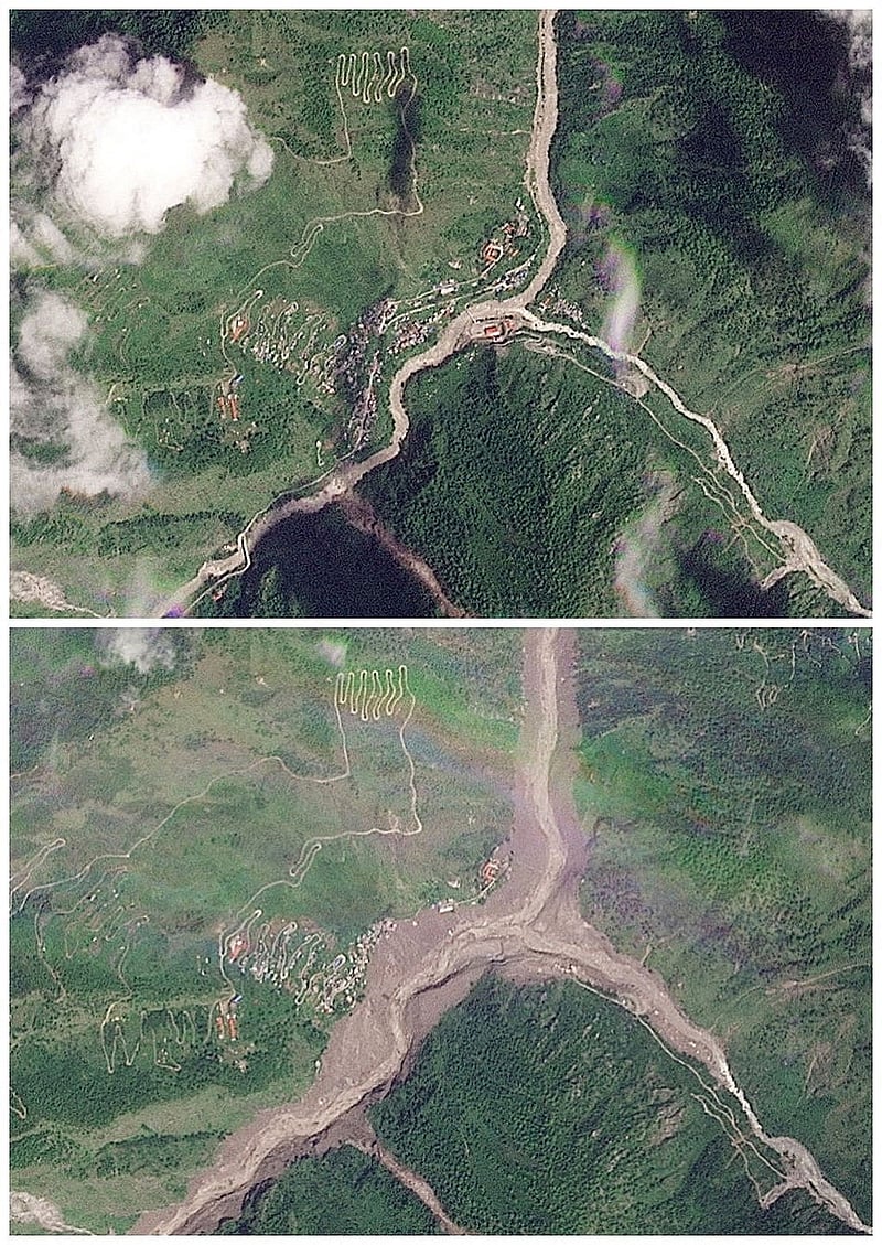 A combination of satellite images shows an area of Syabrubesi, before (top) and after (bottom) deadly flash floods and a mudslide affected the region, Nepal, Aug 23, 2026 and Aug 26, 2026. 2026 Planet Labs PBC/Handout via REUTERS