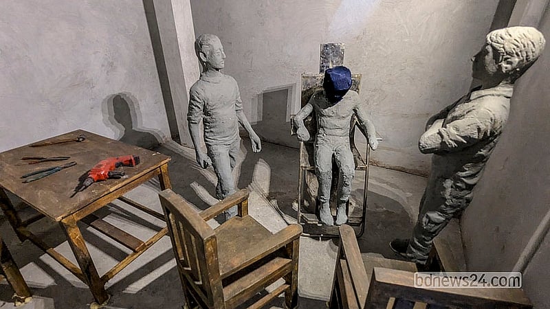 Scenes depicting torture in “Aynaghor”, a complex of alleged secret detention cells, are among the exhibits at the July Mass Uprising Memorial Museum. Photo: Abdullah Al Momin