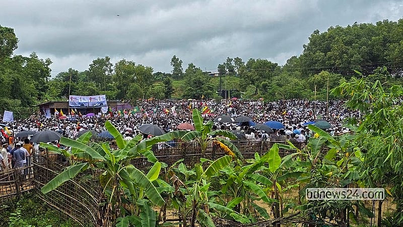 Rohingya refugees hold a rally at the Kutupalong refugee camp in Ukhiya, Cox’s Bazar, on Tuesday, Aug 25, 2026, to mark “Rohingya Genocide Day”. Photo: Jashim Mahmud
