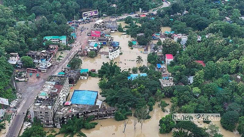 Bandarban city lies submerged in floodwaters in this drone image captured on Saturday, Jul 11, 2026. Photo: Syed Amir Hosain Masum