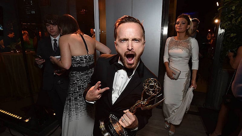 Aaron Paul celebrates after winning the Primetime Emmy Award for Outstanding Supporting Actor in a Drama Series for his role as Jesse Pinkman in Breaking Bad. Photo: Facebook