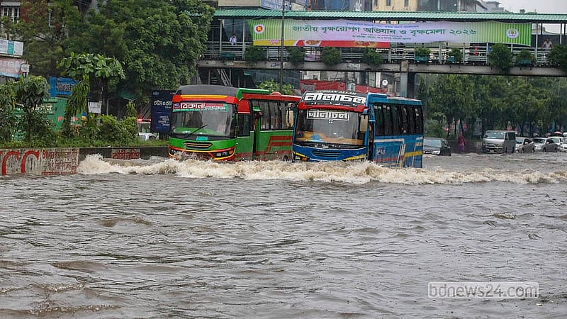 Persistent rain leaves stretches of Mirpur Road near Dhanmondi 27 under water on Sunday, Jul 12, 2026.  Photo: Abdullah Al Momin