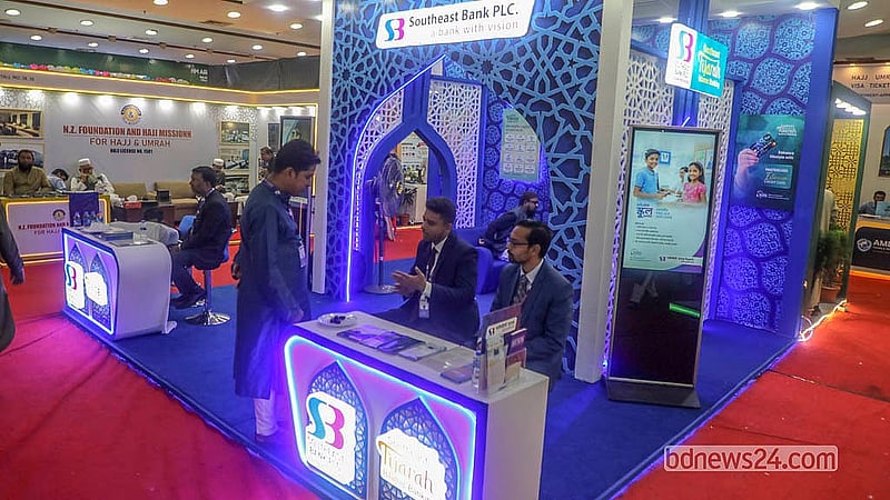 Stalls of various financial institutions are set up alongside those of travel agencies at the Hajj and Umrah Fair at the Bangladesh-China Friendship Conference Centre.   Photo: Abdullah Al Momin