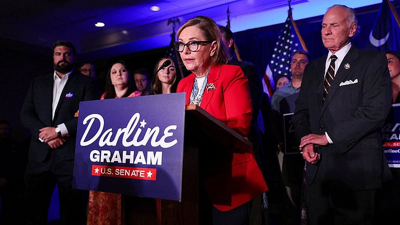US Senator Darline Graham (R-SC) speaks with supporters after winning her Republican primary runoff against US Representative Ralph Norman (R-SC) for her current US Senate seat, in Columbia, South Carolina, US, Aug 25, 2026. REUTERS/Sam Wolfe