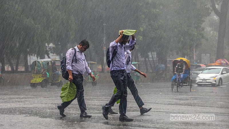 Three students walk in the rain, one holding a large leaf above their head for shelter. Photo taken in Dhaka University on Wednesday, Jun 10, 2026.  Photo: Abdullah Al Momin