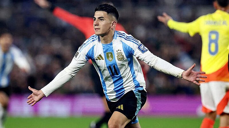 World Cup - South American Qualifiers - Argentina v Colombia - Estadio Monumental, Buenos Aires, Argentina - Jun 10, 2025 Argentina's Thiago Almada celebrates scoring their first goal REUTERS