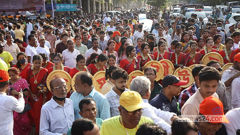 The Hindu community organised a procession to mark Janmashtami, the birthday of Lord Krishna, on Friday, Sept 4, 2026. The procession started from Dhaka’s Palashi intersection and ended in front of Victoria Park in Old Dhaka. Photo: Shamsul Haque Ripon
