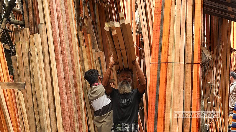 A worker carries sold timber logs on his shoulder towards their destination. Photo: Shamsul Haque Ripon