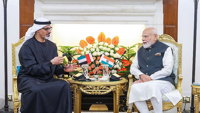 Indian Prime Minister Narendra Modi speaks with the Crown Prince of Abu Dhabi, Sheikh Khaled bin Mohamed bin Zayed Al Nahyan during their meeting on the sidelines of the BRICS Summit in New Delhi, India, September 12, 2026. India's Ministry of External Affairs/Handout via REUTERS 