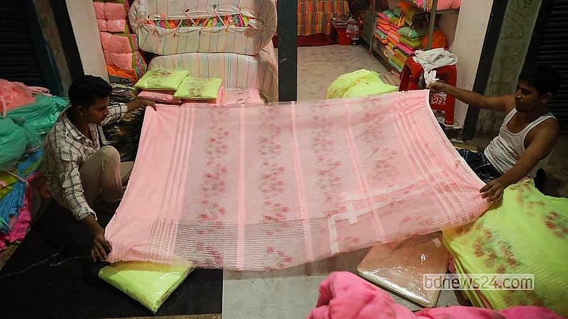 Mosquito nets are sold at the wholesale market for Tk 125 to Tk 500, depending on their size and quality.   Photo: Shamsul Haque Ripon