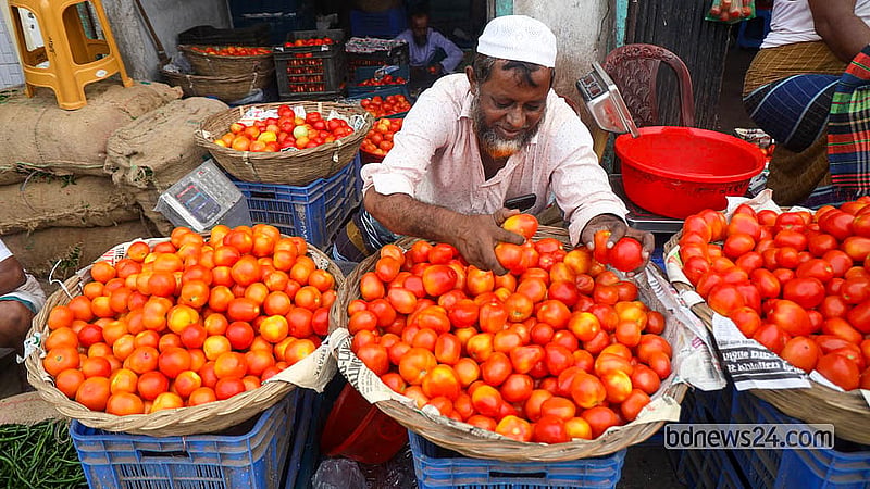 A trader arranges tomatoes in baskets to attract buyers at Dhaka's Shyambazar.   Photo: Shamsul Haque Ripon