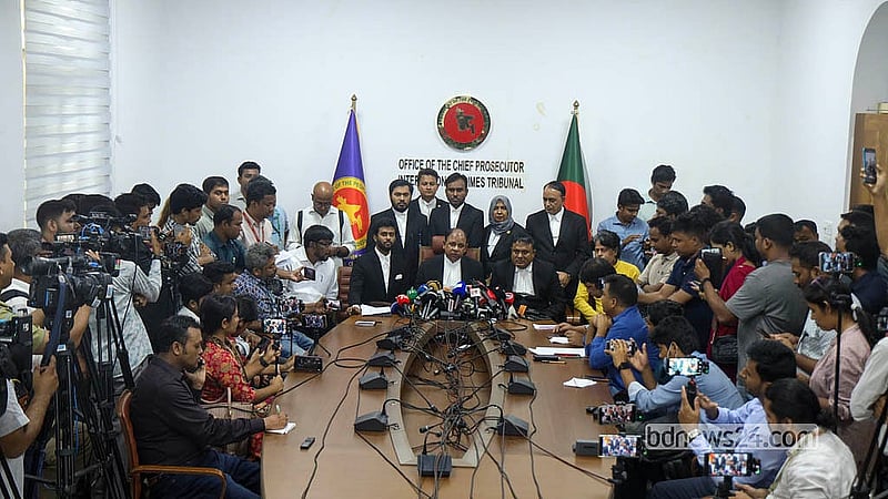 Chief Prosecutor Aminul Islam speaks at a briefing on Tuesday, Sept 15, 2026, after the International Crimes Tribunal sentenced seven individuals, including Awami League General Secretary Obaidul Quader, to death for crimes against humanity committed during the July Uprising. Photo: Shamsul Haque Ripon