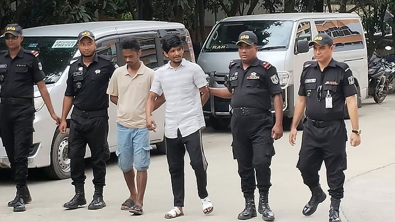 Mosharraf Hossain Poni (right) and Cedric, arrested by RAB over alleged involvement in a mugging.