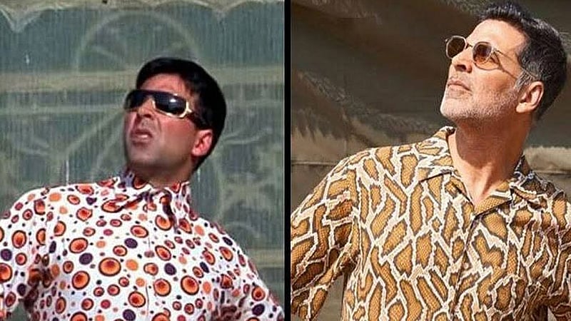 A side-by-side comparison shows Akshay Kumar striking his signature pose as Raju from “Hera Pheri” (left) alongside a recent photo mimicking the iconic pose. Photo: Akshay Kumar/ Facebook