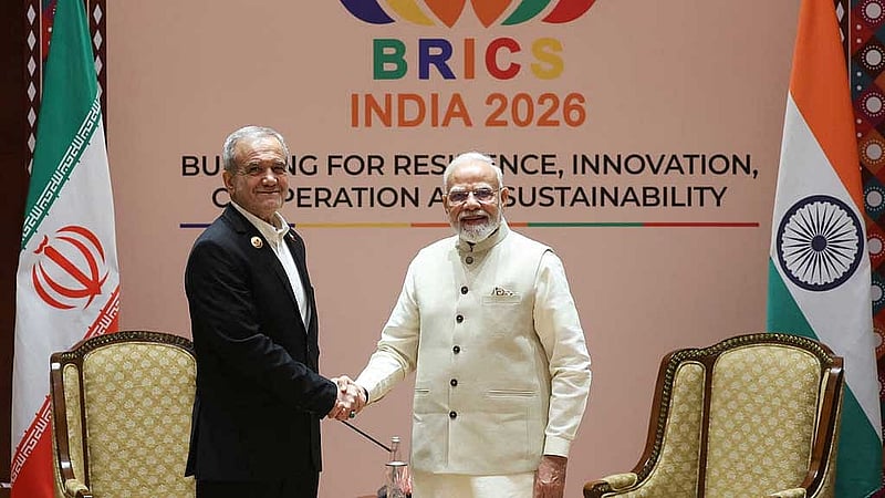 Iranian President Masoud Pezeshkian meets India’s Prime Minister Narendra Modi during their bilateral meeting ahead of BRICS Summit in New Delhi, India, September 11, 2026. India's Press Information Bureau/Handout via REUTERS