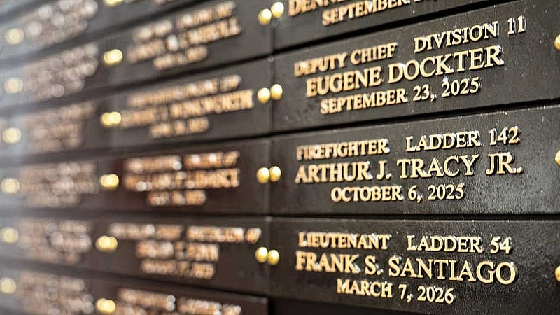 A memorial at the Fire Department of New York Headquarters honoring the members lost to 9/11 related illness in the Brooklyn borough of New York City, US, Sept 8, 2026. REUTERS/David 'Dee' Delgado