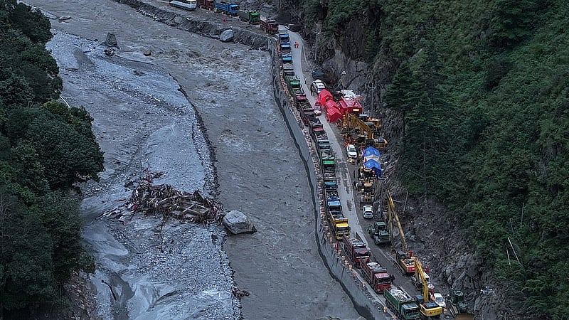 A drone view shows excavators and rescue equipment at the core disaster-hit area at Gyirong Port following the August 26 mudslide, in Shigatse, Tibet Autonomous Region, China Sept 1, 2026. Photo: Reuters