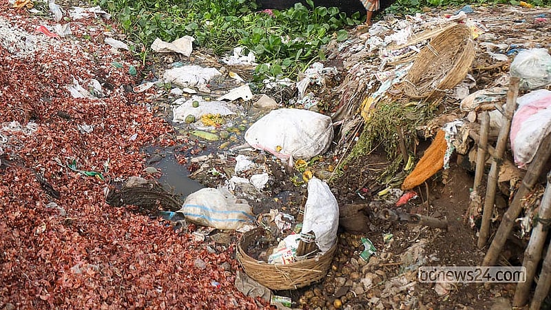 The Buriganga riverbank near Dhaka's Shyambazar has turned into a dumping ground. Rotting waste and plastic discarded daily are steadily polluting the river.  Photo: Shamsul Haque Ripon