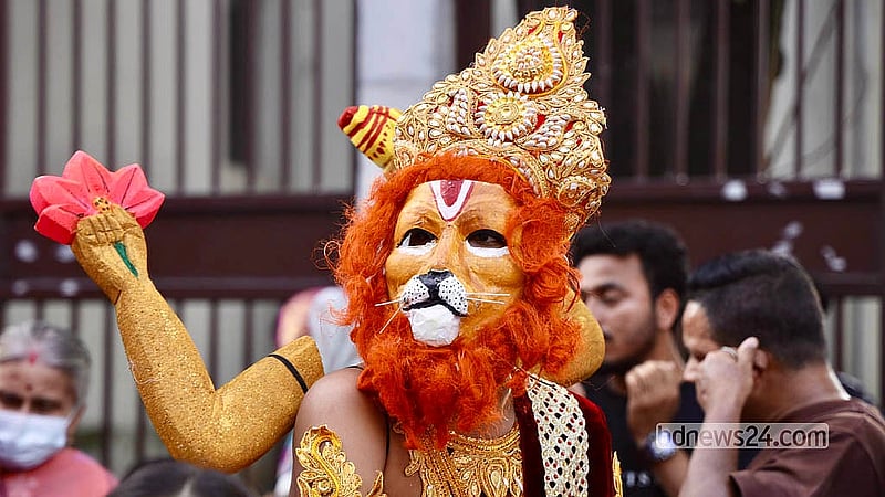 Members of the Hindu community attend a Janmashtami procession to mark the birth anniversary of Lord Krishna at Dhaka’s Palashi intersection in vibrant costumes on Friday, Sept 4, 2026. Photo: Shamsul Haque Ripon