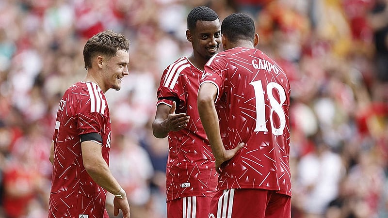 Pre Season Friendly - Liverpool v AS Monaco - Anfield, Liverpool, Britain - Aug 9, 2026 Liverpool's Florian Wirtz celebrates scoring their second goal with Alexander Isak and Cody Gakpo Action Images via Reuters