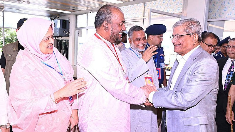 Cabinet members, local MPs and politicians welcome President Mirza Fakhrul Islam Alamgir at Sylhet Osmani International Airport on Tuesday, Sept 15, 2026. Photo: PID