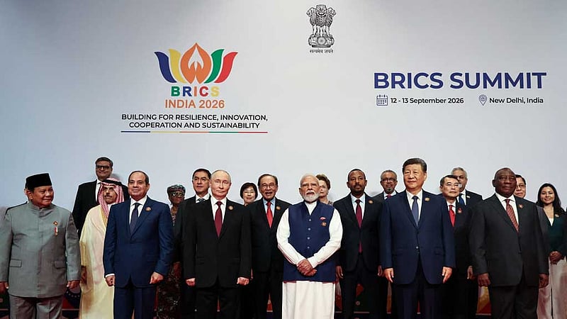 Heads of delegations, including Russian President Vladimir Putin, Indian Prime Minister Narendra Modi, and Chinese President Xi Jinping, pose for a family photo on day two of the BRICS Summit in New Delhi, India, September 13, 2026. Sputnik/Alexander Kazakov/Pool via REUTERS