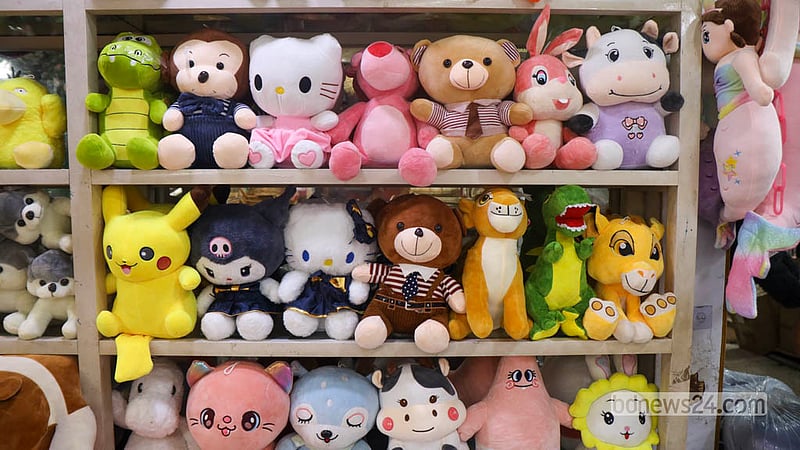 Dolls of different cartoon characters area arranged in rows at a wholesale shop in Old Dhaka’s Chawkbazar. Photo: Shamsul Haque Ripon