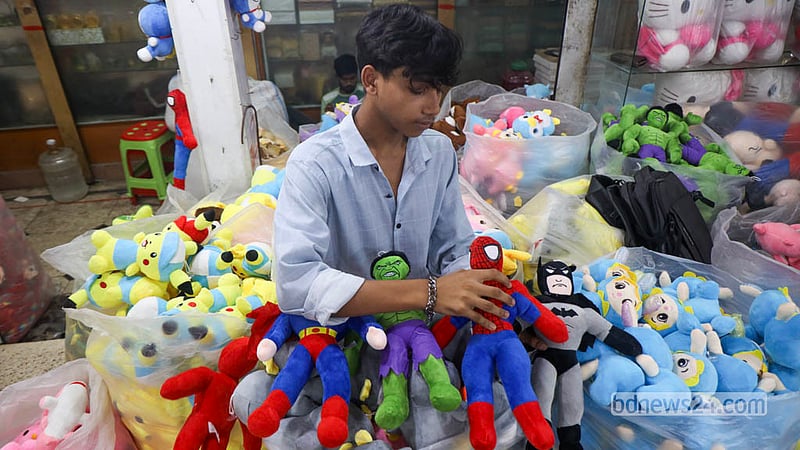 Dolls and action figures of different superheroes, including Superman, Hulk, Spiderman and Batman, are available in Old Dhaka’s Chawkbazar. Photo: Shamsul Haque Ripon