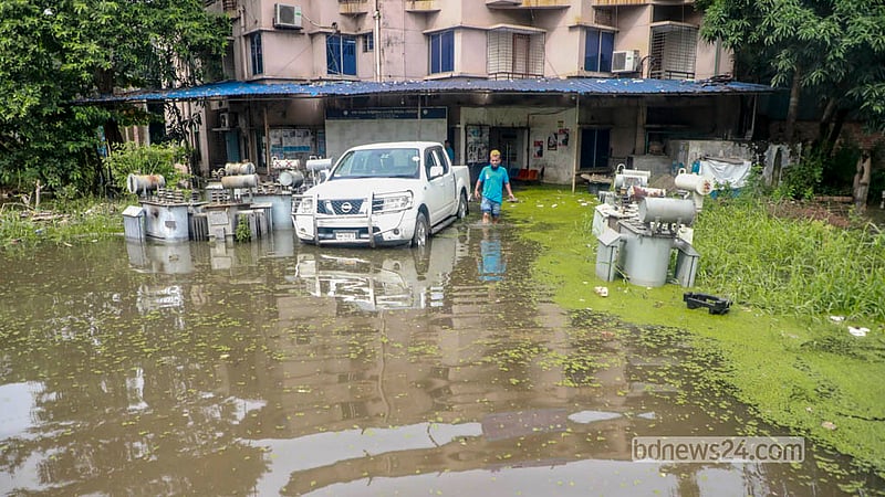 Rainwater floods the ground floor of the DPDC office in Jatrabari’s Matuail.   Photo: Abdullah Al Momin