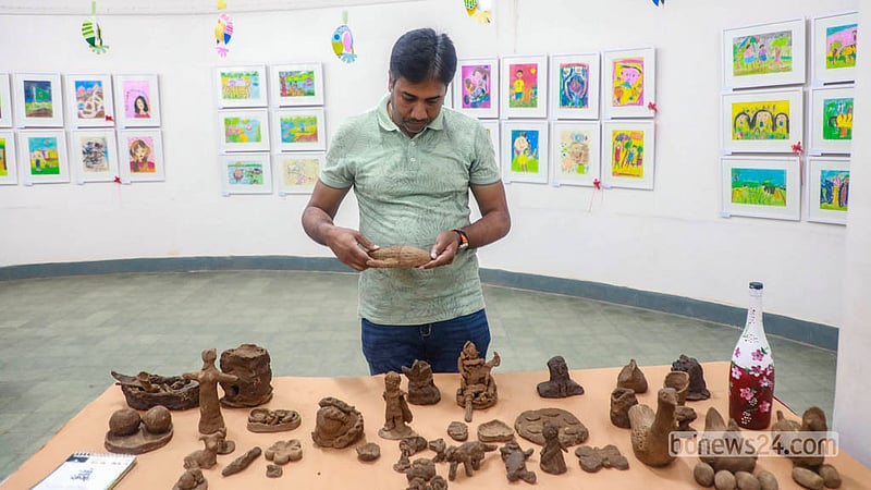 Pottery created by children is on display at the exhibition at the Zainul Gallery of Dhaka University's Faculty of Fine Art.   Photo: Abdullah Al Momin