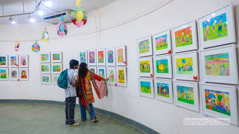 The exhibition by Kashful Art School at the Zainul Gallery of Dhaka University's Faculty of Fine Art features 128 artworks by 82 students.  Photo: Abdullah Al Momin