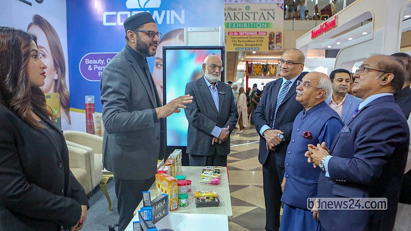 Guests, including Pakistan’s High Commissioner to Bangladesh Imran Haider, tour stalls at the five-day “Made in Pakistan” exhibition at Dhaka’s International Convention City Bashundhara (ICCB) on Tuesday, Sept 22, 2026.   Photo: Abdullah Al Momin