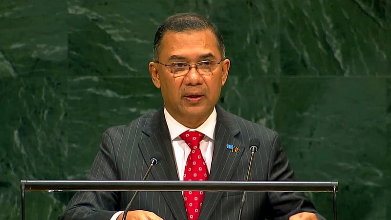 Prime Minister Tarique Rahman delivers his speech in Bangla at the 81st session of the United Nations General Assembly on Thursday. Photo: PMO