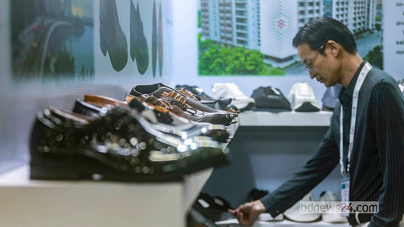 Leather shoes are displayed at a stall to attract foreign buyers at a leather and footwear industry exhibition.  Photo: Abdullah Al Momin