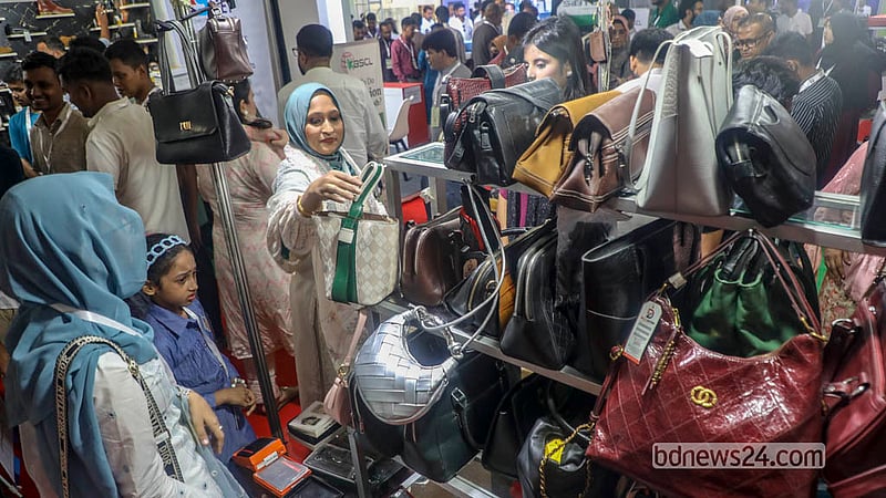 Visitors attend an exhibition by the leather and footwear sector. The exhibition will continue until Saturday, Sept 26, 2027 at International Convention City Bashundhara in the Kuril area of Dhaka.  Photo: Abdullah Al Momin