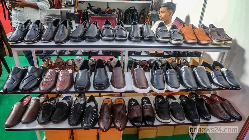Parts of shoes are on display at a stall during a leather and footwear industry exhibition.  Photo: Abdullah Al Momin